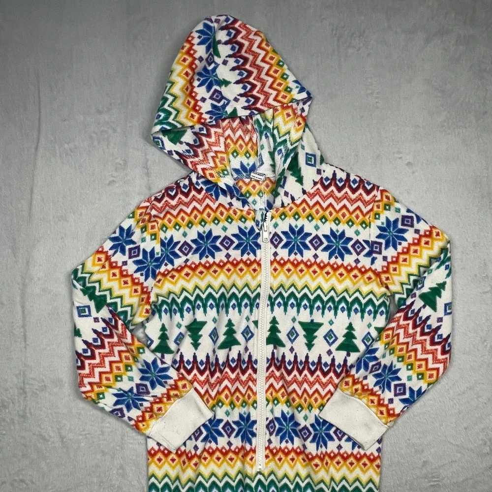 Old Navy One Piece Pajamas Unisex Kids M 8 White Rainbow Fair Isle Holiday Zip